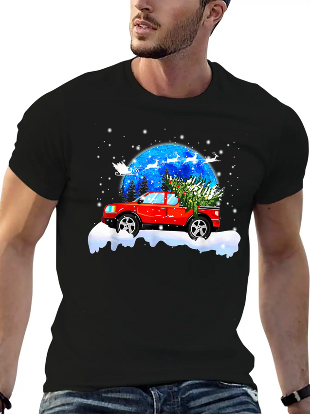 Red Truck Pick Up Christmas Tree Lightweight Cotton T-Shirt – Daily Comfort Graphic Shirt