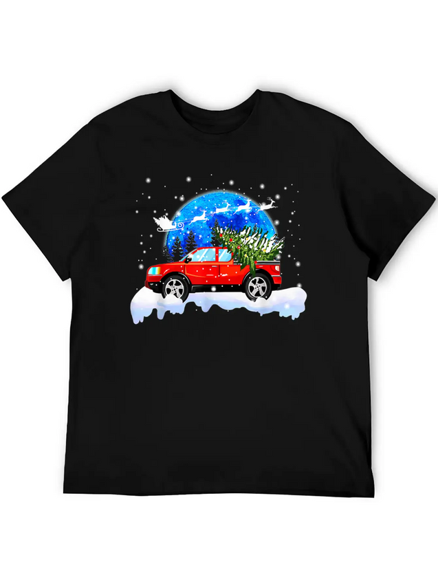 Red Truck Pick Up Christmas Tree Lightweight Cotton T-Shirt – Daily Comfort Graphic Shirt