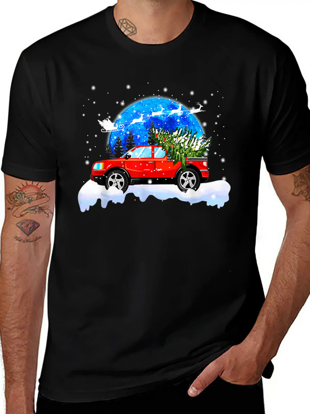 Red Truck Pick Up Christmas Tree Lightweight Cotton T-Shirt – Daily Comfort Graphic Shirt