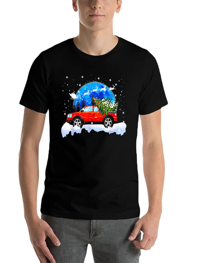 Red Truck Pick Up Christmas Tree Lightweight Cotton T-Shirt – Daily Comfort Graphic Shirt