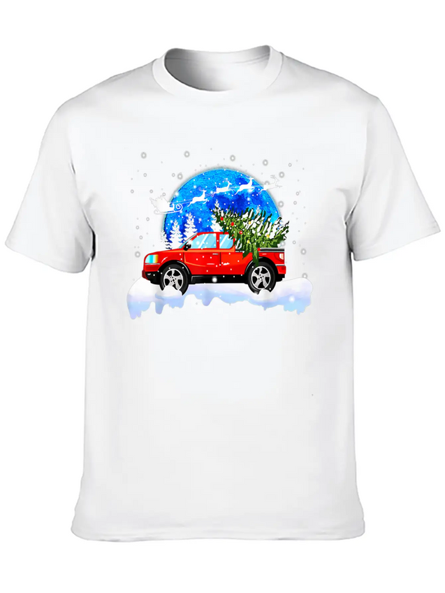 Red Truck Pick Up Christmas Tree Lightweight Cotton T-Shirt – Daily Comfort Graphic Shirt