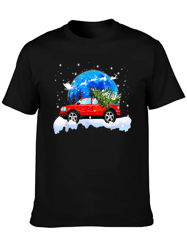 Red Truck Pick Up Christmas Tree Lightweight Cotton T-Shirt – Daily Comfort Graphic Shirt