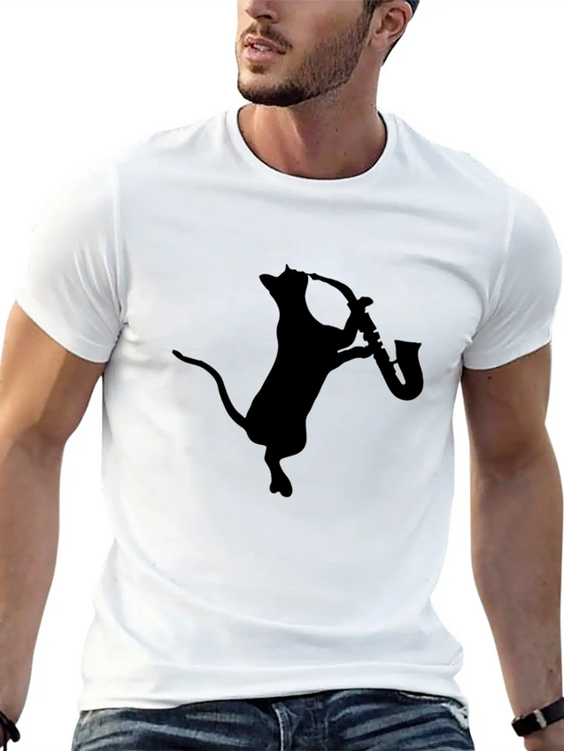 Saxophone - Cat Playing Saxophone Lightweight Cotton T-Shirt – Daily Comfort Graphic Shirt