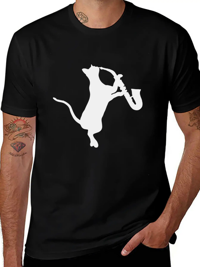 Saxophone - Cat Playing Saxophone Lightweight Cotton T-Shirt – Daily Comfort Graphic Shirt