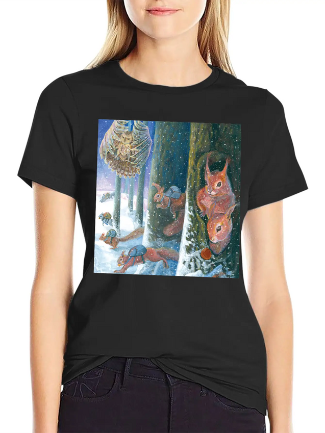 Squirrels Running With Rucksacks In Winter Lightweight Cotton T-Shirt – Daily Comfort Graphic Shirt