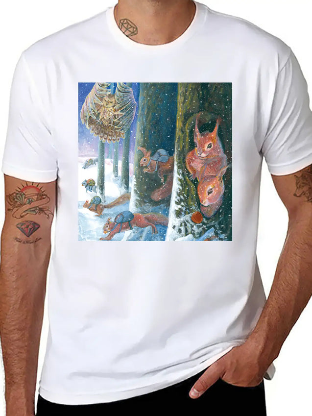 Squirrels Running With Rucksacks In Winter Lightweight Cotton T-Shirt – Daily Comfort Graphic Shirt