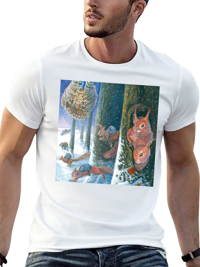Squirrels Running With Rucksacks In Winter Lightweight Cotton T-Shirt – Daily Comfort Graphic Shirt