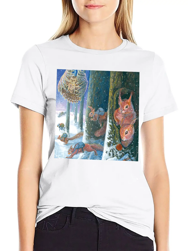 Squirrels Running With Rucksacks In Winter Lightweight Cotton T-Shirt – Daily Comfort Graphic Shirt