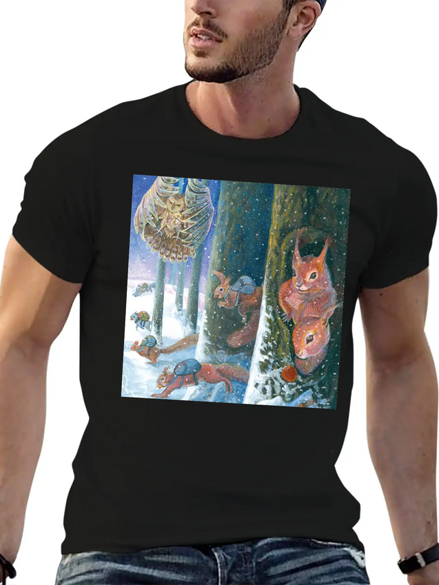 Squirrels Running With Rucksacks In Winter Lightweight Cotton T-Shirt – Daily Comfort Graphic Shirt