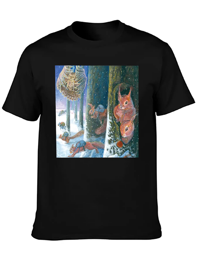 Squirrels Running With Rucksacks In Winter Lightweight Cotton T-Shirt – Daily Comfort Graphic Shirt