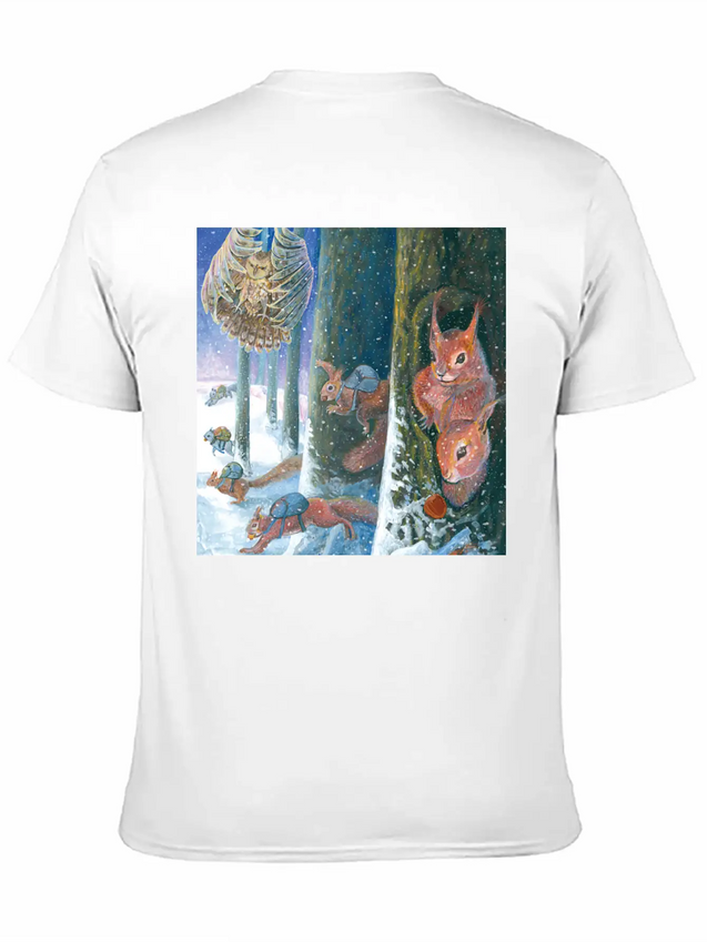 Squirrels Running With Rucksacks In Winter Lightweight Cotton T-Shirt – Daily Comfort Graphic Shirt