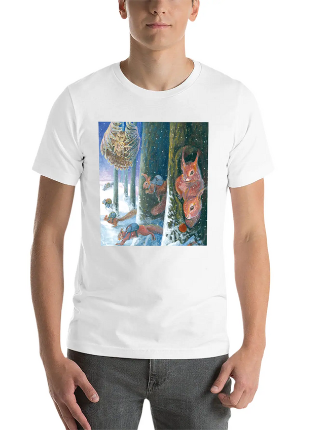 Squirrels Running With Rucksacks In Winter Lightweight Cotton T-Shirt – Daily Comfort Graphic Shirt