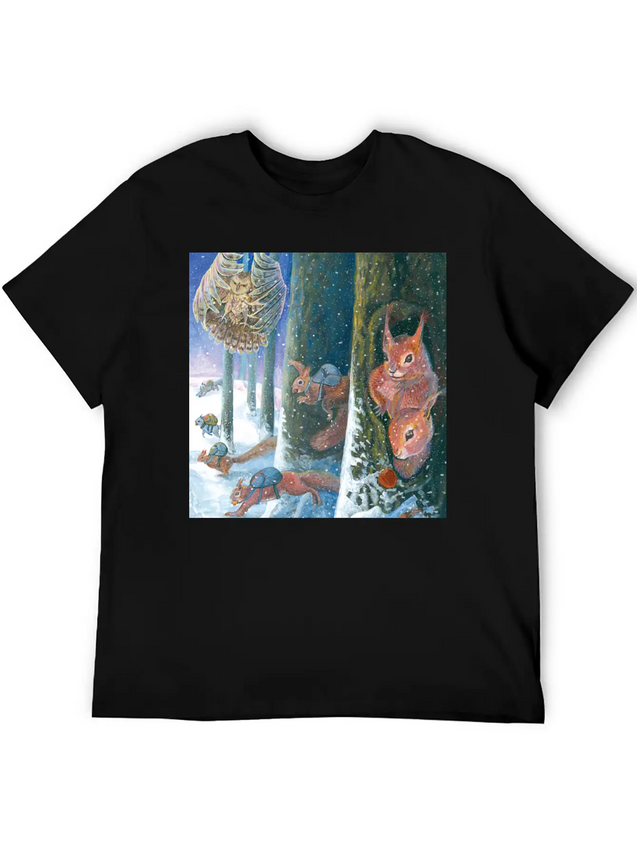 Squirrels Running With Rucksacks In Winter Lightweight Cotton T-Shirt – Daily Comfort Graphic Shirt