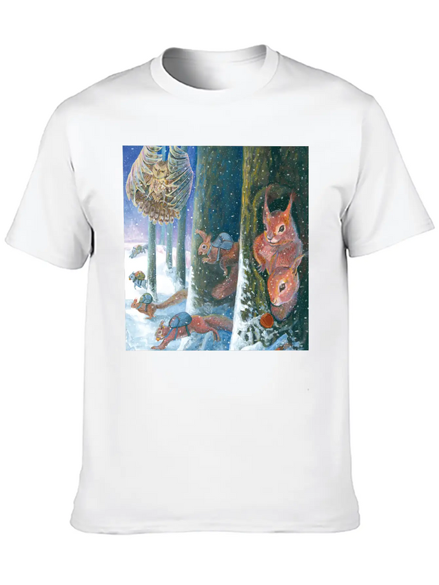 Squirrels Running With Rucksacks In Winter Lightweight Cotton T-Shirt – Daily Comfort Graphic Shirt
