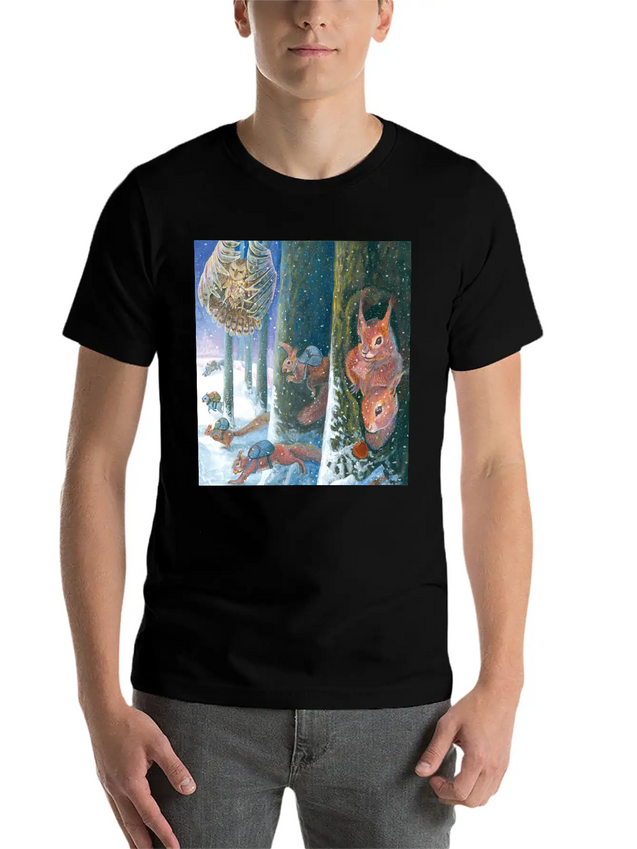 Squirrels Running With Rucksacks In Winter Lightweight Cotton T-Shirt – Daily Comfort Graphic Shirt