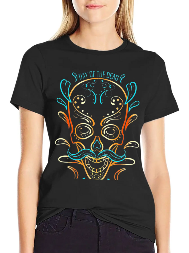 Stylized Painting Of A Sugar Skull For Day Of The Lightweight Cotton T-Shirt – Daily Comfort Graphic Shirt
