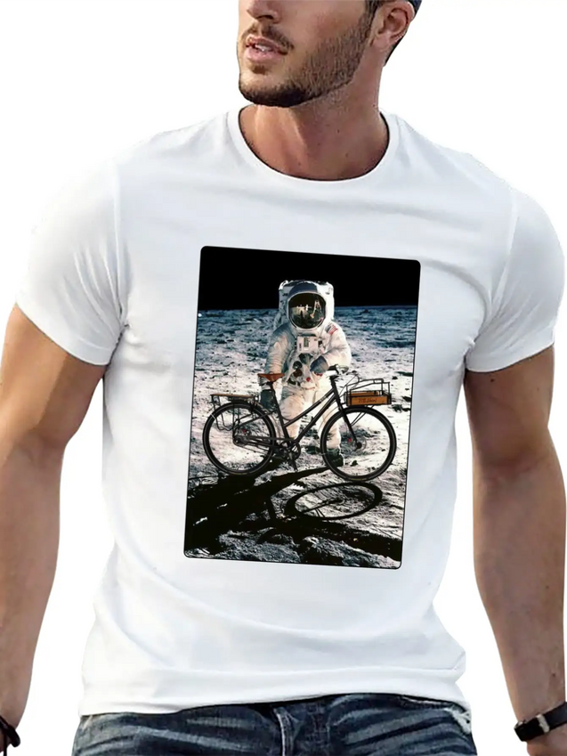 T-Shirt This Way It's Easy, Ride Bike On The Moon Lightweight Cotton T-Shirt – Daily Comfort Graphic Shirt