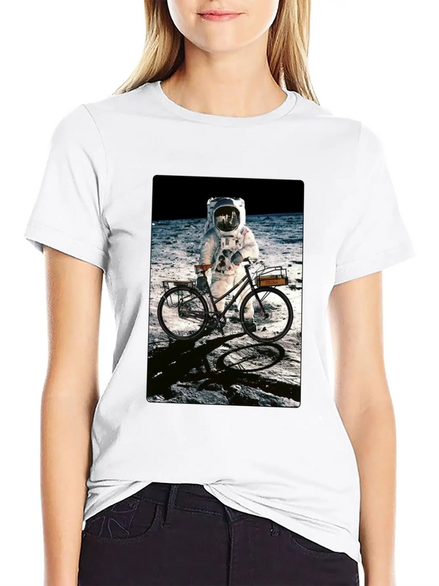 T-Shirt This Way It's Easy, Ride Bike On The Moon Lightweight Cotton T-Shirt – Daily Comfort Graphic Shirt