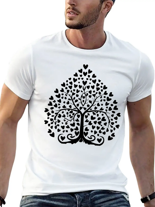 Tree Of Life With Hearts Single Color Vector Lightweight Cotton T-Shirt – Daily Comfort Graphic Shirt