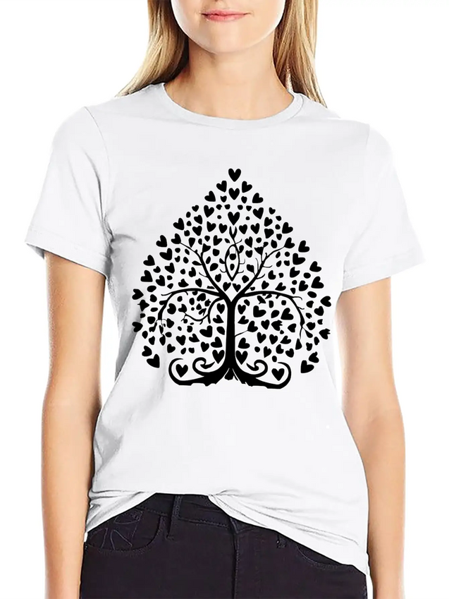 Tree Of Life With Hearts Single Color Vector Lightweight Cotton T-Shirt – Daily Comfort Graphic Shirt