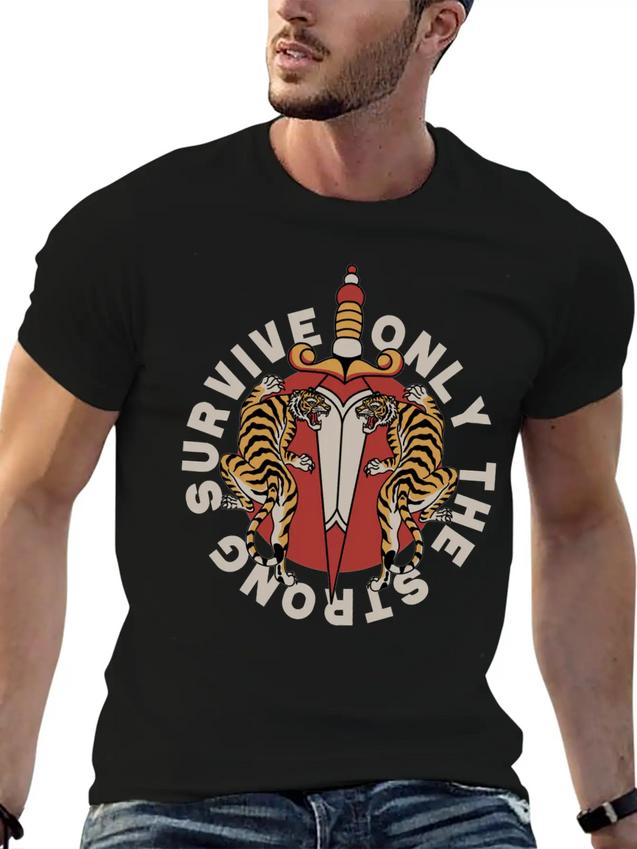 Twin Tigers & Dagger: Tattoo-Style Artwork Lightweight Cotton T-Shirt – Daily Comfort Graphic Shirt