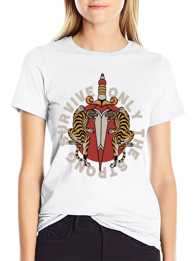 Twin Tigers & Dagger: Tattoo-Style Artwork Lightweight Cotton T-Shirt – Daily Comfort Graphic Shirt