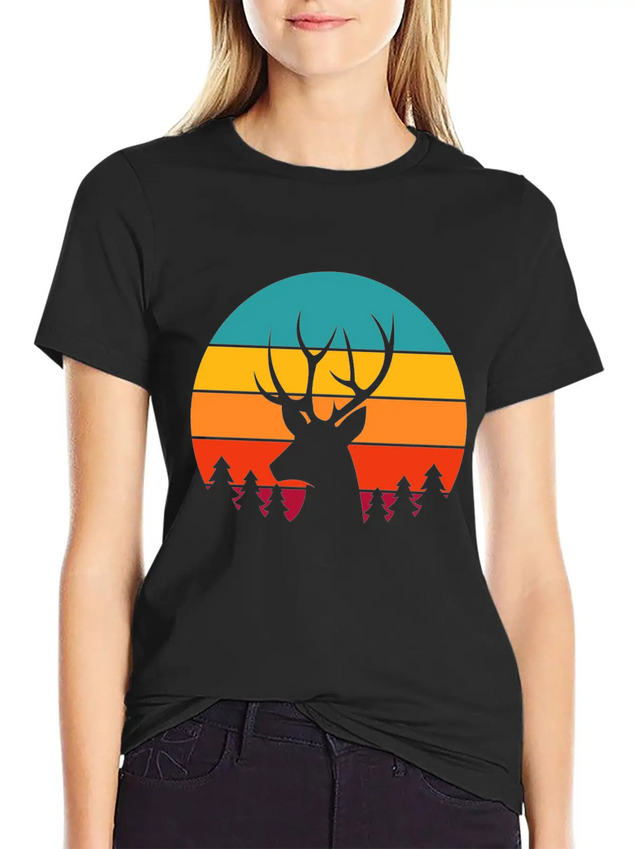 Vintage Sunrise Retro Sunset Deer Buck Antlers Lightweight Cotton T-Shirt – Daily Comfort Graphic Shirt