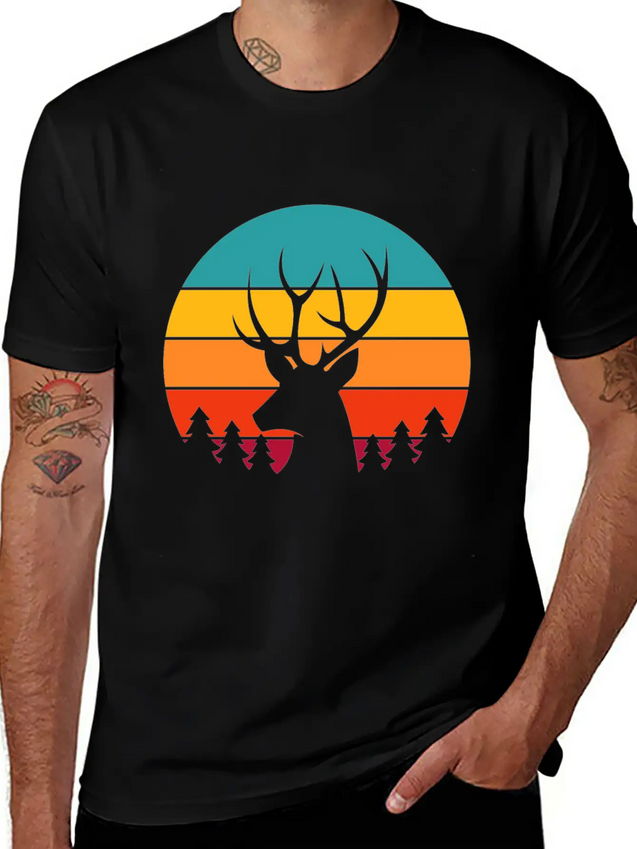 Vintage Sunrise Retro Sunset Deer Buck Antlers Lightweight Cotton T-Shirt – Daily Comfort Graphic Shirt