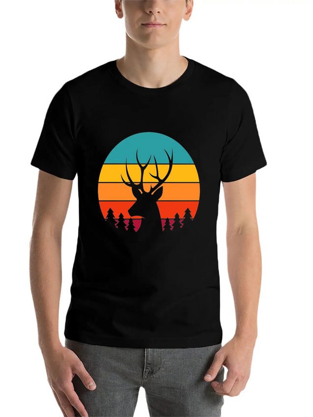 Vintage Sunrise Retro Sunset Deer Buck Antlers Lightweight Cotton T-Shirt – Daily Comfort Graphic Shirt