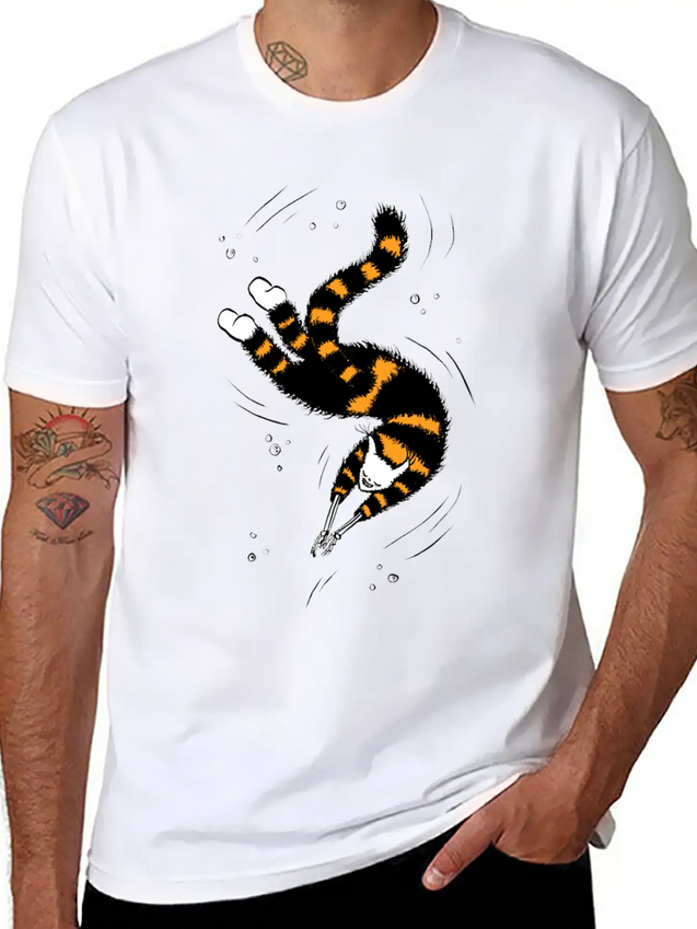 Weird Cat With Bone Hands Swimming Lightweight Cotton T-Shirt – Daily Comfort Graphic Shirt