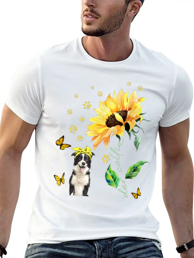 Womens Sunflower Border Collie Mom Dog Lover Gift Lightweight Cotton T-Shirt – Daily Comfort Graphic Shirt