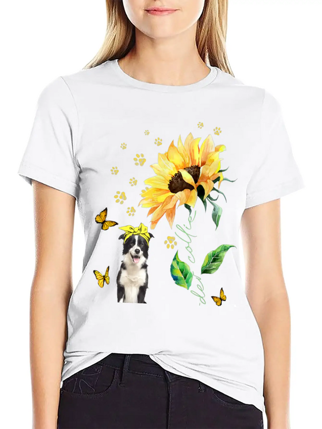 Womens Sunflower Border Collie Mom Dog Lover Gift Lightweight Cotton T-Shirt – Daily Comfort Graphic Shirt