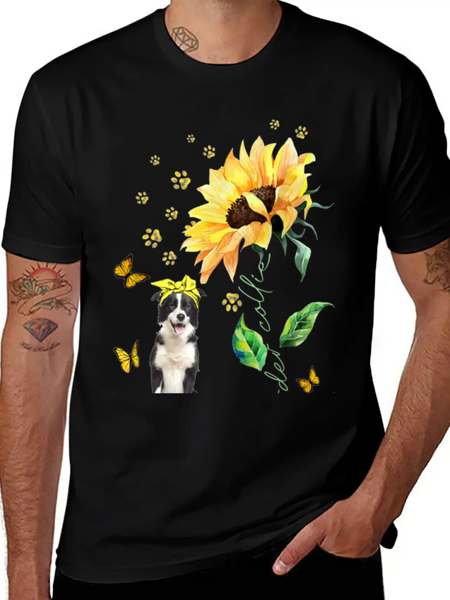 Womens Sunflower Border Collie Mom Dog Lover Gift Lightweight Cotton T-Shirt – Daily Comfort Graphic Shirt