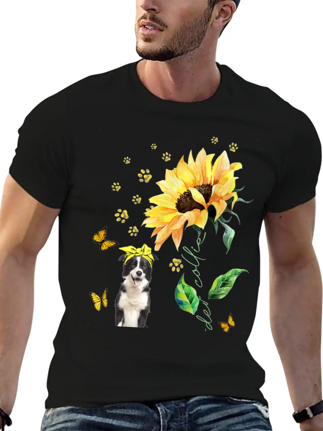 Womens Sunflower Border Collie Mom Dog Lover Gift Lightweight Cotton T-Shirt – Daily Comfort Graphic Shirt