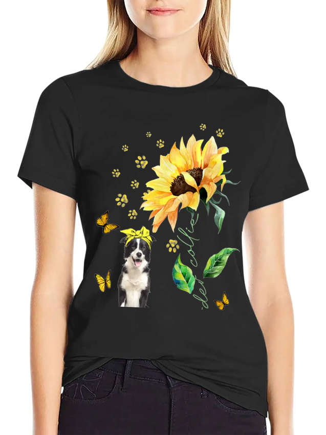 Womens Sunflower Border Collie Mom Dog Lover Gift Lightweight Cotton T-Shirt – Daily Comfort Graphic Shirt