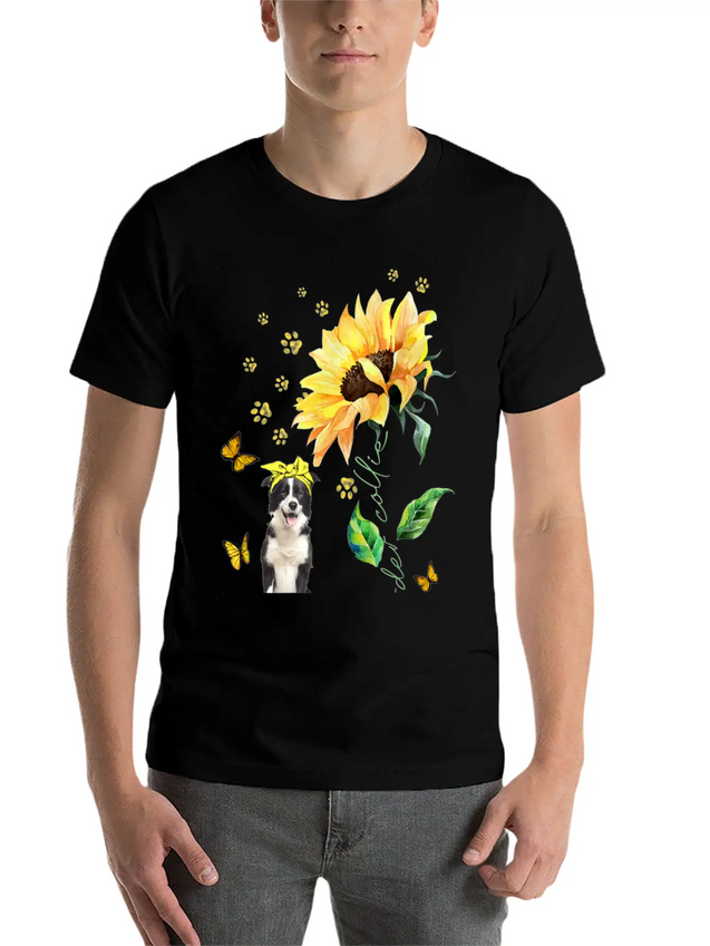 Womens Sunflower Border Collie Mom Dog Lover Gift Lightweight Cotton T-Shirt – Daily Comfort Graphic Shirt