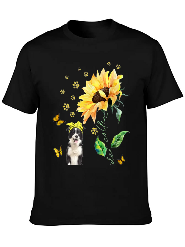 Womens Sunflower Border Collie Mom Dog Lover Gift Lightweight Cotton T-Shirt – Daily Comfort Graphic Shirt